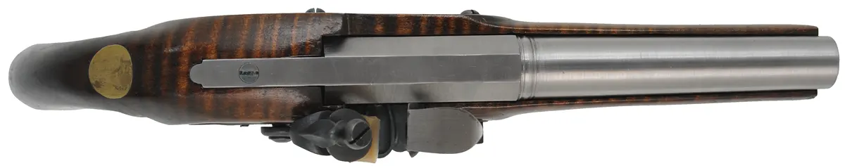 Belt Pistol, 
.54 caliber smoothbore, 8" octagon-to-round barrel,
L&R flintlock, maple, brass trim, new