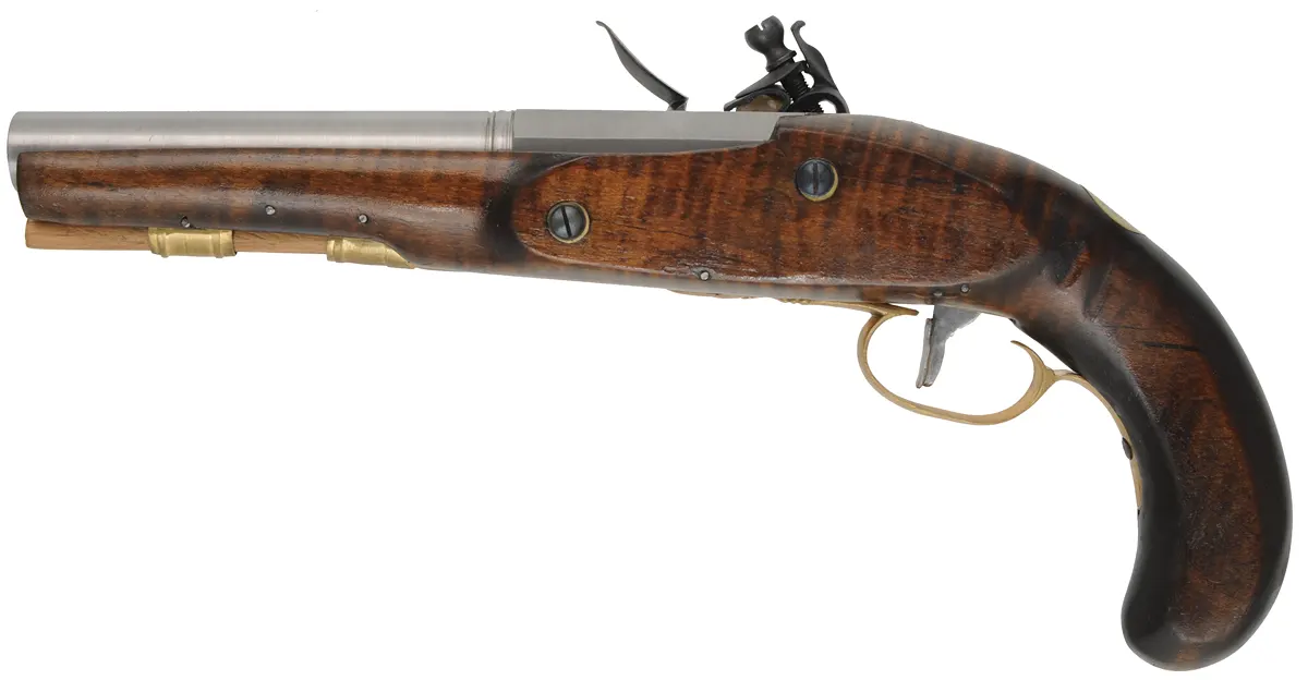 Belt Pistol, 
.54 caliber smoothbore, 8" octagon-to-round barrel,
L&R flintlock, maple, brass trim, new