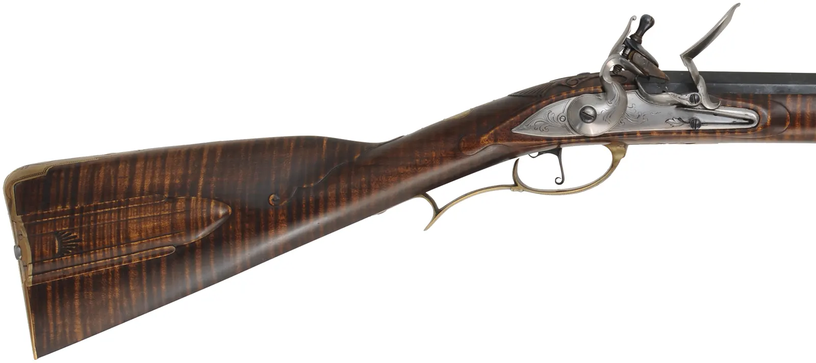 J. Faber, Virginia Longrifle,
.58 caliber, 43-1/2" swamped octagon barrel,
curly maple, brass furniture, sliding wooden patchbox, 
used, signed by Michael Hayes