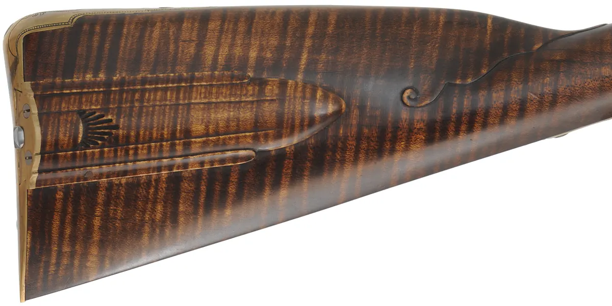 J. Faber, Virginia Longrifle,
.58 caliber, 43-1/2" swamped octagon barrel,
curly maple, brass furniture, sliding wooden patchbox, 
used, signed by Michael Hayes