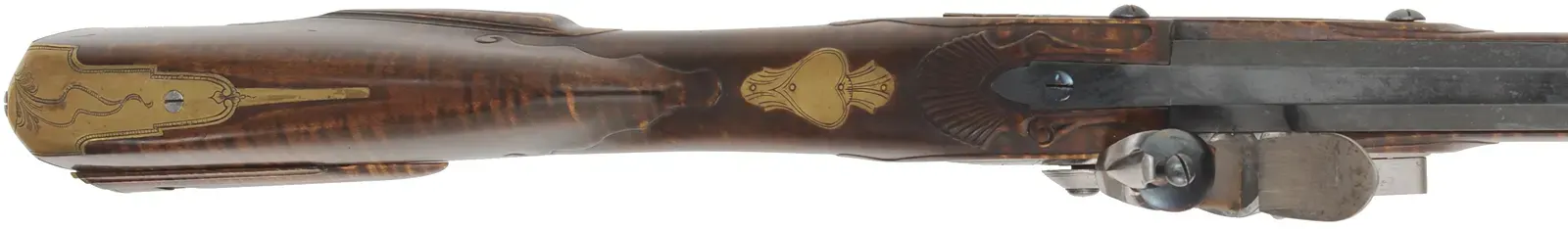 J. Faber, Virginia Longrifle,
.58 caliber, 43-1/2" swamped octagon barrel,
curly maple, brass furniture, sliding wooden patchbox, 
used, signed by Michael Hayes