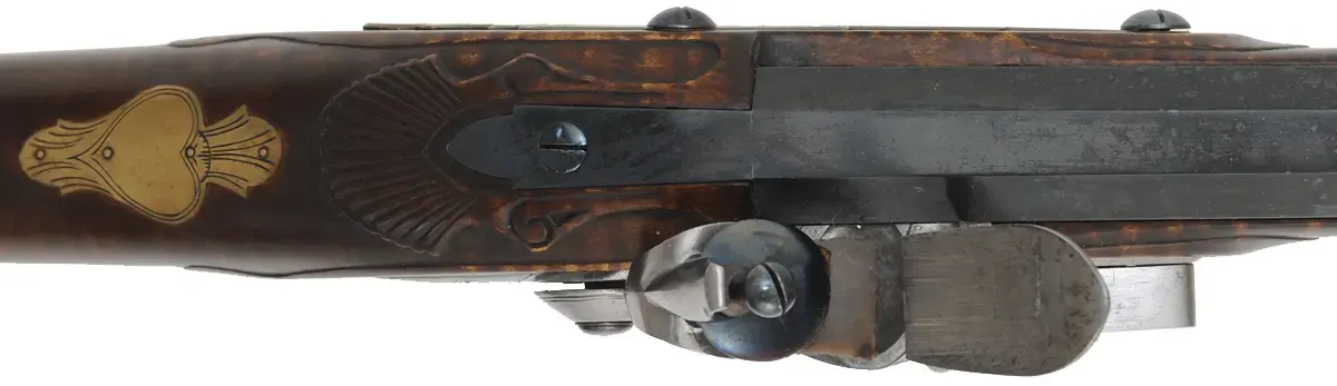 J. Faber, Virginia Longrifle,
.58 caliber, 43-1/2" swamped octagon barrel,
curly maple, brass furniture, sliding wooden patchbox, 
used, signed by Michael Hayes