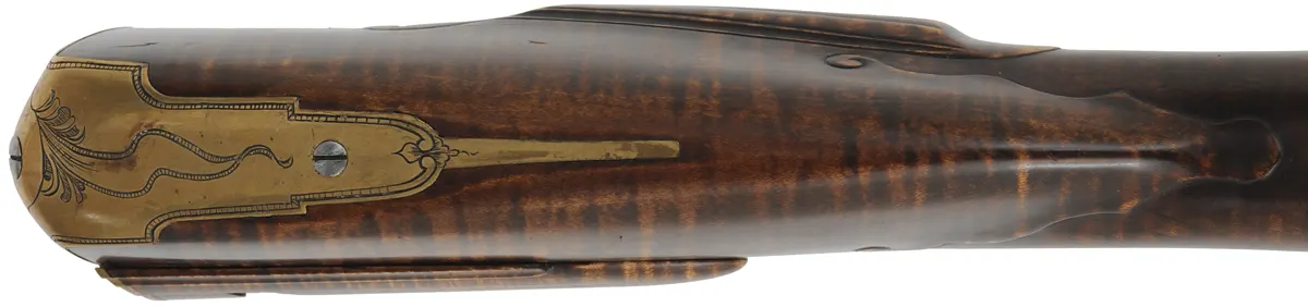 J. Faber, Virginia Longrifle,
.58 caliber, 43-1/2" swamped octagon barrel,
curly maple, brass furniture, sliding wooden patchbox, 
used, signed by Michael Hayes