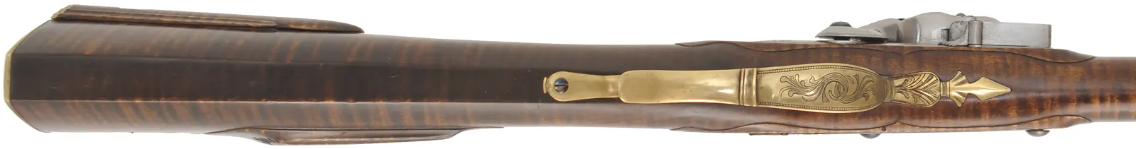 J. Faber, Virginia Longrifle,
.58 caliber, 43-1/2" swamped octagon barrel,
curly maple, brass furniture, sliding wooden patchbox, 
used, signed by Michael Hayes