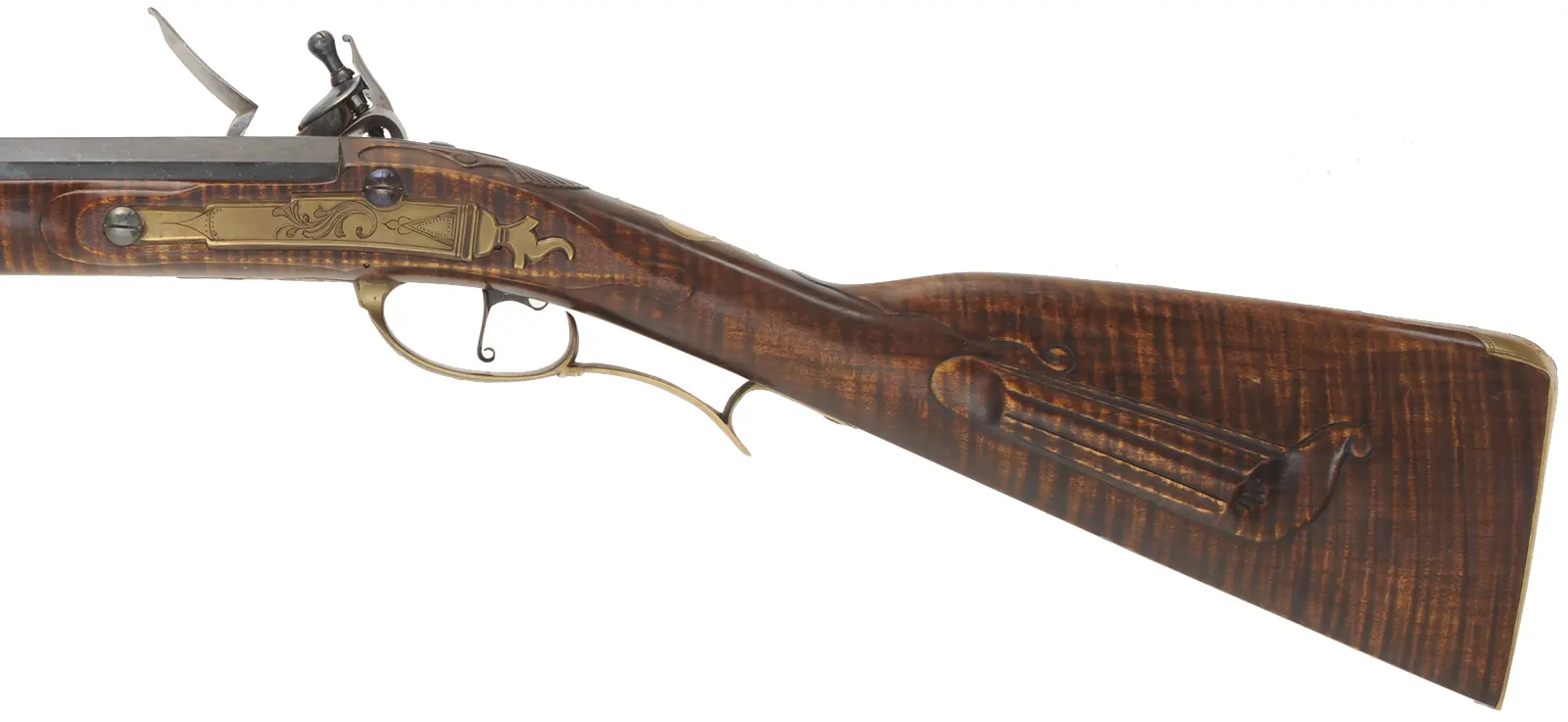 J. Faber, Virginia Longrifle,
.58 caliber, 43-1/2" swamped octagon barrel,
curly maple, brass furniture, sliding wooden patchbox, 
used, signed by Michael Hayes