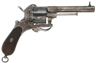 System LeFauchuex Pin Fire Revolver,
caliber 12mm pin fire, 5" barrel,
walnut broom handle, double action, folding trigger