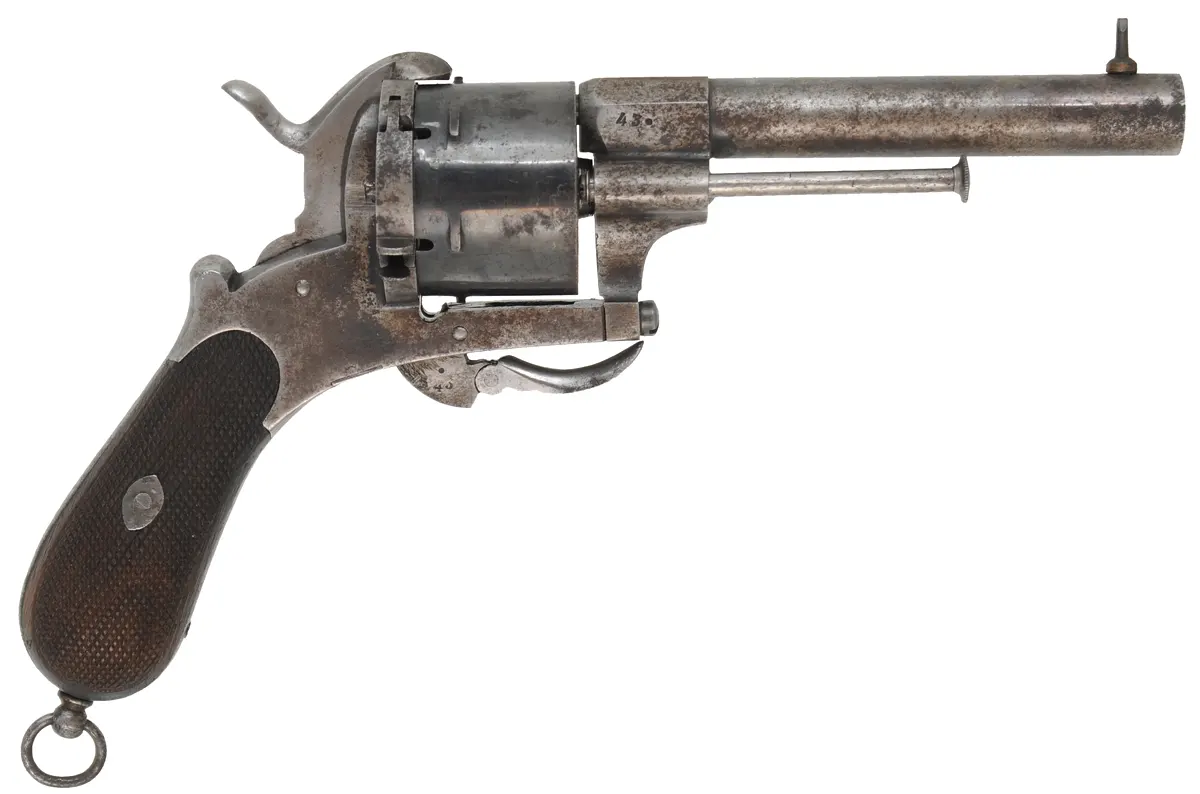 System LeFauchuex Pin Fire Revolver,
caliber 12mm pin fire, 5" barrel,
walnut broom handle, double action, folding trigger