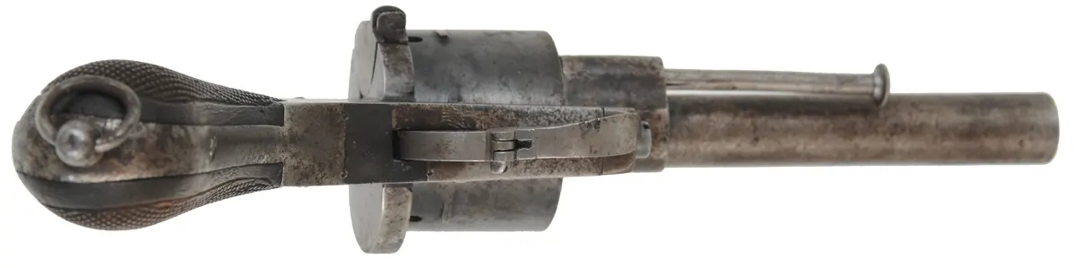 System LeFauchuex Pin Fire Revolver,
caliber 12mm pin fire, 5" barrel,
walnut broom handle, double action, folding trigger