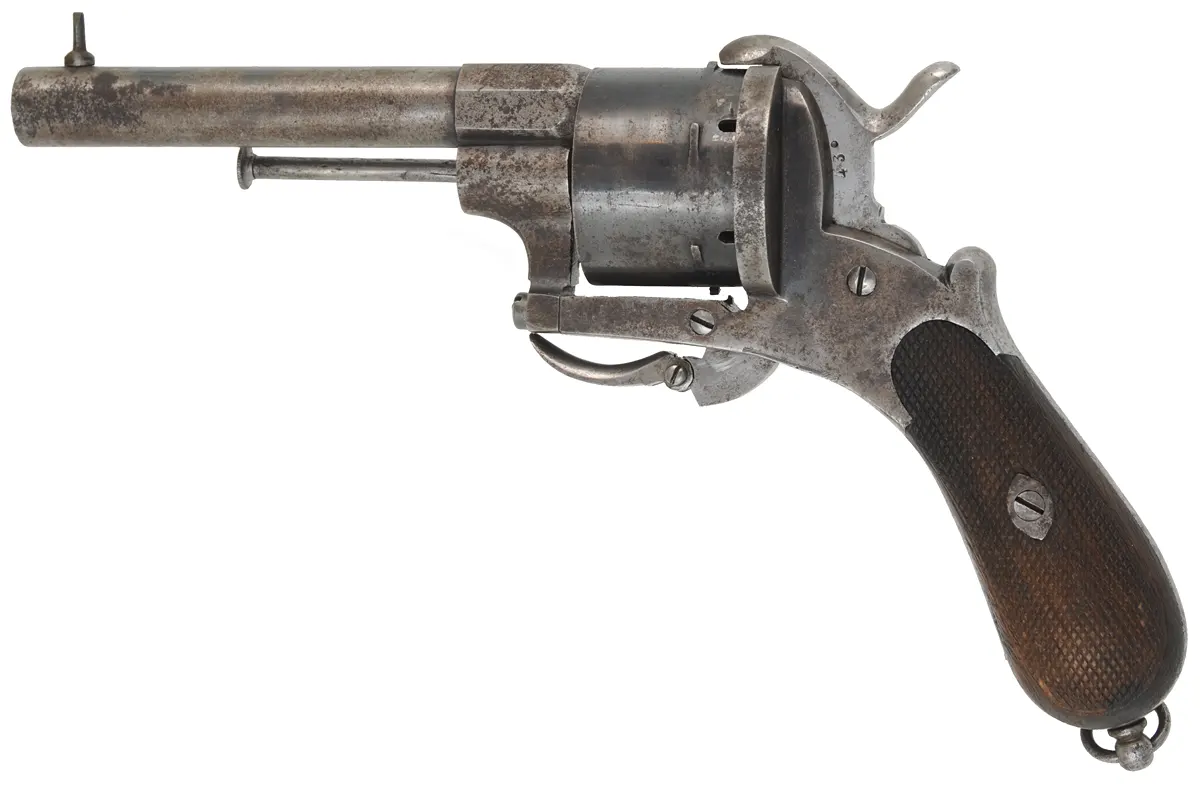 System LeFauchuex Pin Fire Revolver,
caliber 12mm pin fire, 5" barrel,
walnut broom handle, double action, folding trigger