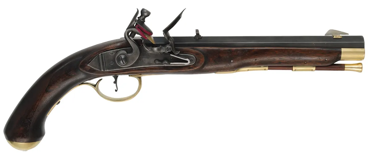 Kentucky Pistol,
.50 caliber, 9-3/8" barrel,
L&R flintlock, walnut, brass,
by K. Lincavage