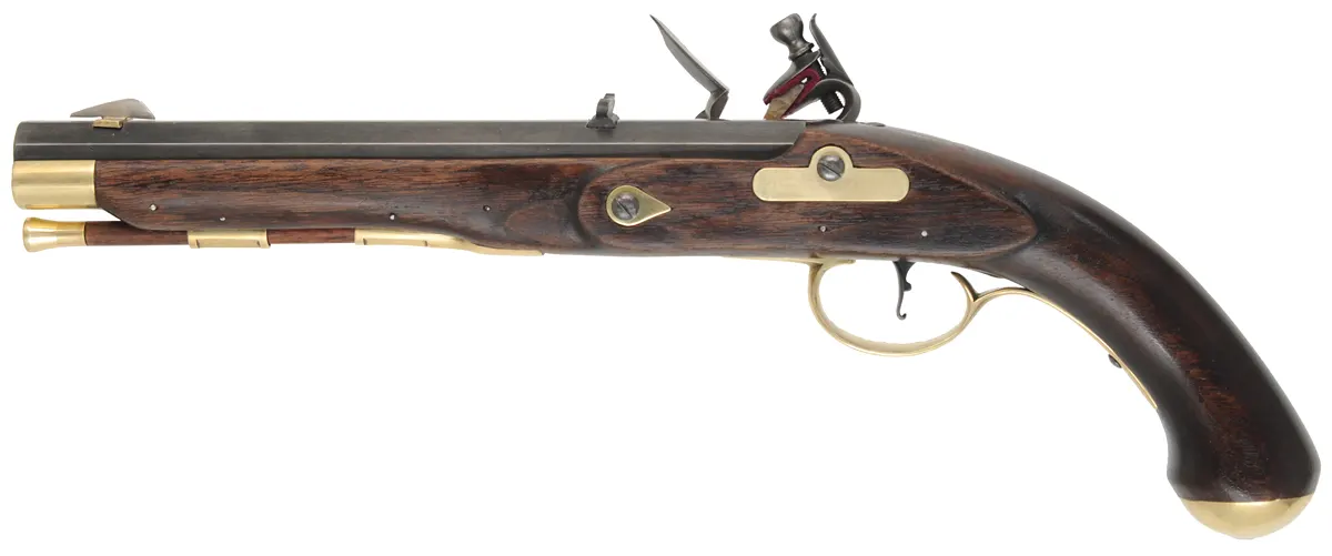 Kentucky Pistol,
.50 caliber, 9-3/8" barrel,
L&R flintlock, walnut, brass,
by K. Lincavage