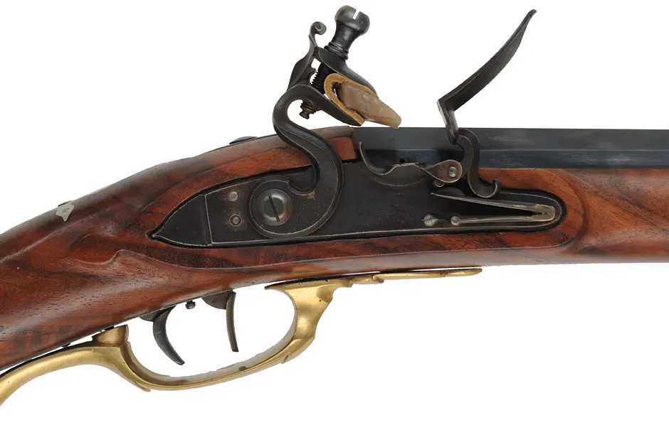 Jaeger Rifle
.54 caliber, 31" swamped barrel,
R.E. Davis flintlock, claro walnut, brass trim,
set triggers, used Jaeger Rifle
.54 caliber, 31" swamped barrel,
R.E. Davis flintlock, claro walnut, brass trim,
set triggers, used