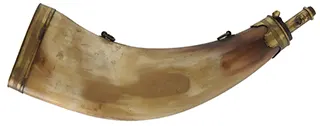 Large Flat Powder Horn,
13-1/2",  brass flask head, 
brass base, rings for strap