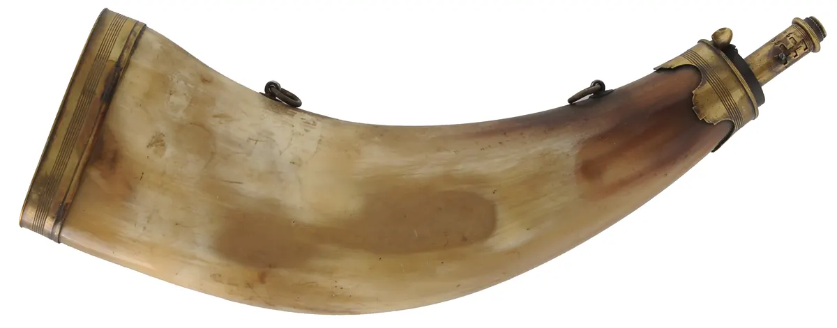 Large Flat Powder Horn,
13-1/2",  brass flask head, 
brass base, rings for strap