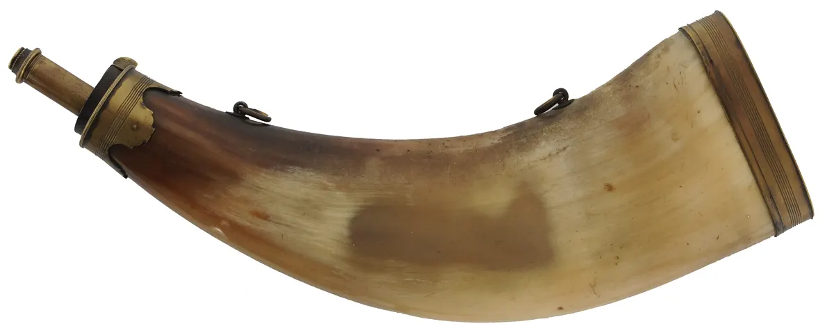 Large Flat Powder Horn,
13-1/2",  brass flask head, 
brass base, rings for strap