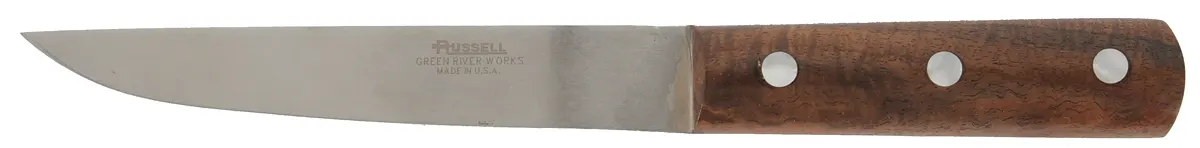 Belt Knife, 
6" Russell's Green River blade, 
maple handle with mother of pearl inlay

