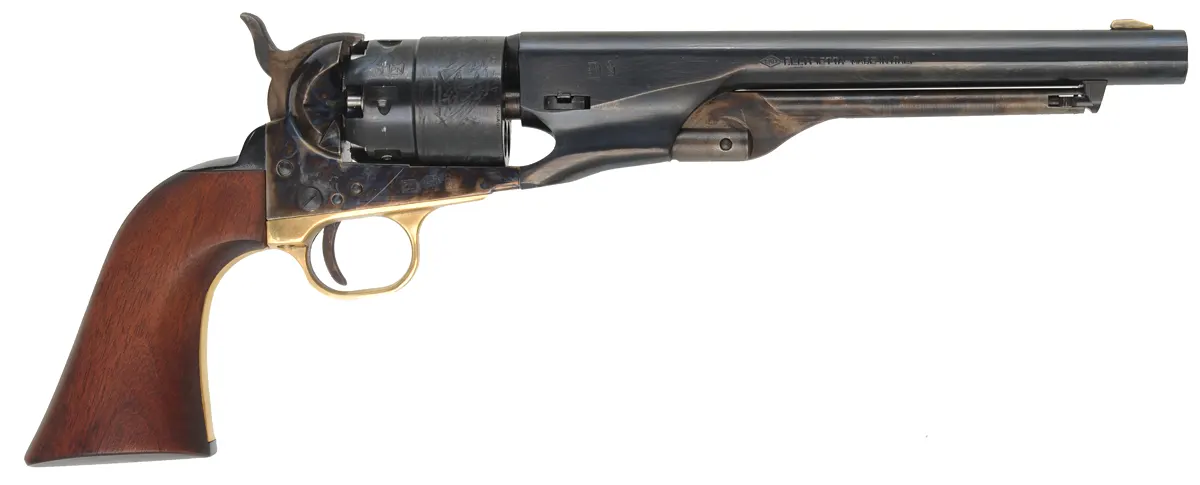 1860 Colt Army Revolver,
.44 caliber, 8" barrel, 
percussion, four screw frame, walnut grips,
stainless steel nipples, used, by Pietta