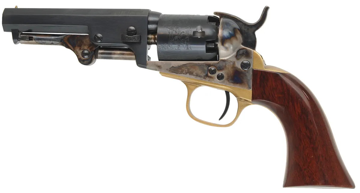 1849 Colt Pocket Model Revolver,
.31 caliber, 4" barrel,
five shot,cylinder, blued, walnut, 
unfired, no box, by A. Uberti