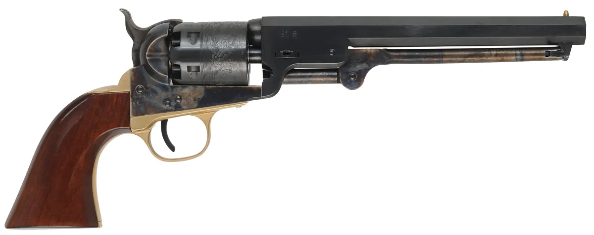 Colt 1851 Navy Revolver,
.36 caliber, 7-1/2" barrel,
percussion, blued, walnut,
used, factory box, by A. Uberti Colt 1851 Navy Revolver,
.36 caliber, 7-1/2" barrel,
percussion, blued, walnut,
used, factory box, by A. Uberti