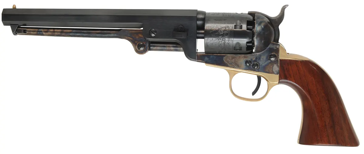 Colt 1851 Navy Revolver,
.36 caliber, 7-1/2" barrel,
percussion, blued, walnut,
used, factory box, by A. Uberti Colt 1851 Navy Revolver,
.36 caliber, 7-1/2" barrel,
percussion, blued, walnut,
used, factory box, by A. Uberti