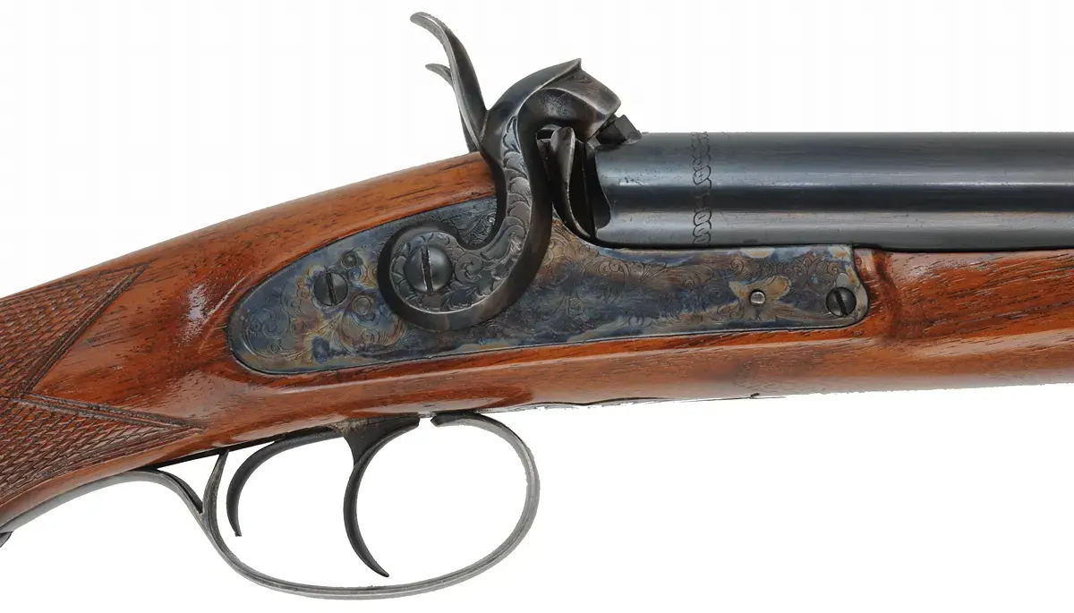 Kodiak Express Double Rifle,
.50 caliber, 28" barrels,
percussion, checkered walnut, iron trim,
used, by Davide Pedersoli Kodiak Express Double Rifle,
.50 caliber, 28" barrels,
percussion, checkered walnut, iron trim,
used, by Davide Pedersoli