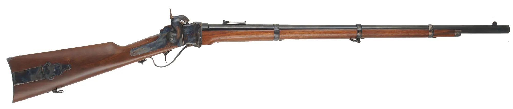 Model 1859 Sharps Infantry Rifle,
.54 caliber, 30" tapered round barrel,
three band, single trigger, walnut, patchbox,
used, by Davide Pedersoli Model 1859 Sharps Infantry Rifle,
.54 caliber, 30" tapered round barrel,
three band, single trigger, walnut, patchbox,
used, by Davide Pedersoli