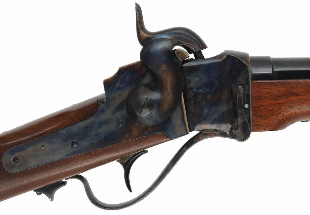 Model 1859 Sharps Infantry Rifle,
.54 caliber, 30" tapered round barrel,
three band, single trigger, walnut, patchbox,
used, by Davide Pedersoli Model 1859 Sharps Infantry Rifle,
.54 caliber, 30" tapered round barrel,
three band, single trigger, walnut, patchbox,
used, by Davide Pedersoli