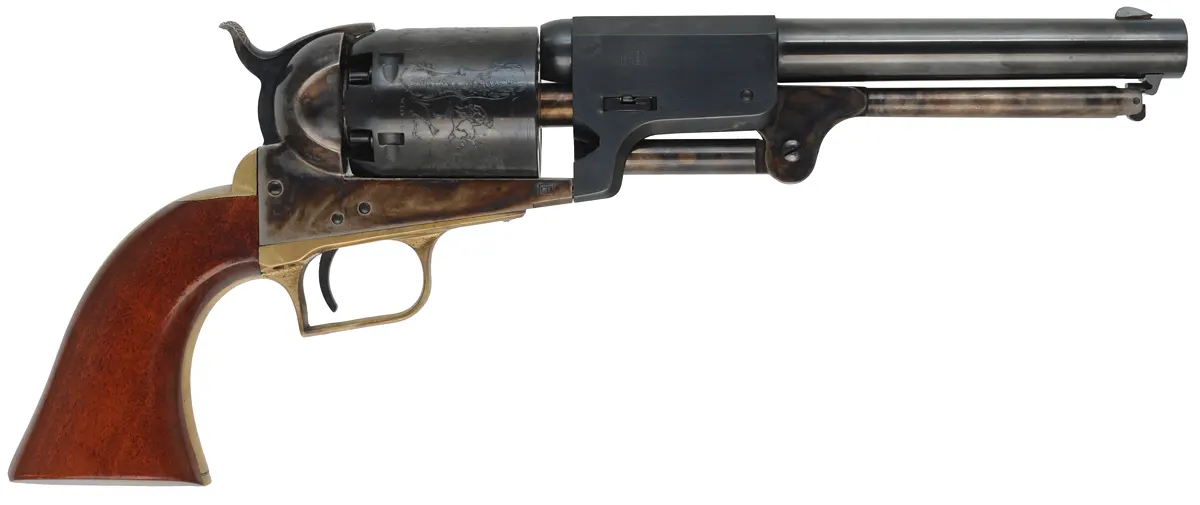 Second Model Colt Dragoon,
.44 caliber, 7-1/2" barrel,
percussion, blued, walnut grips,
used, by Aldo Uberti Second Model Colt Dragoon,
.44 caliber, 7-1/2" barrel,
percussion, blued, walnut grips,
used, by Aldo Uberti