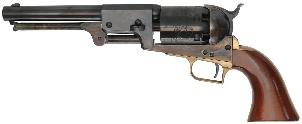 Second Model Colt Dragoon,
.44 caliber, 7-1/2" barrel,
percussion, blued, walnut grips,
used, by Aldo Uberti Second Model Colt Dragoon,
.44 caliber, 7-1/2" barrel,
percussion, blued, walnut grips,
used, by Aldo Uberti