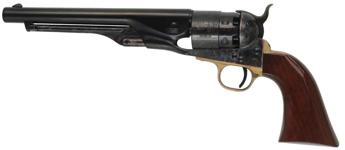 1860 Colt Army Revolver,
.44 caliber, 8" barrel,
percussion, steel frame, walnut,
used, by A. Uberti & Co. 1860 Colt Army Revolver,
.44 caliber, 8" barrel,
percussion, steel frame, walnut,
used, by A. Uberti & Co.