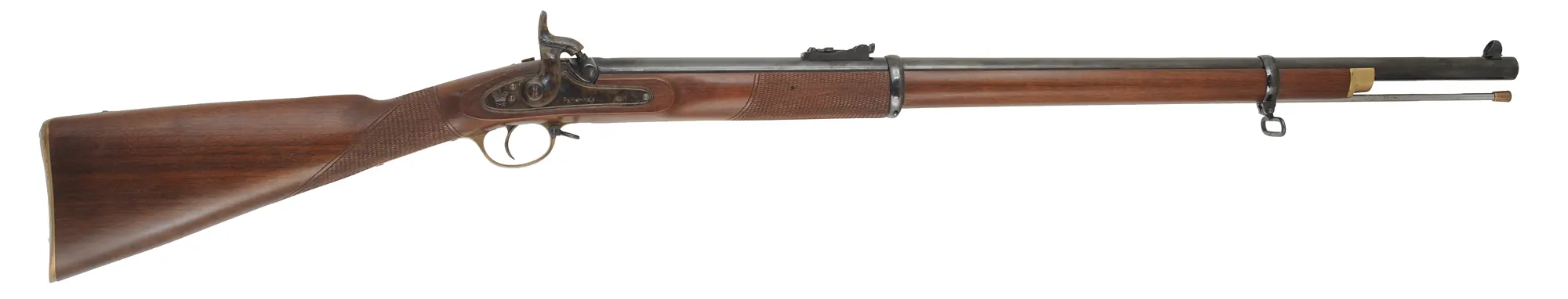 Enfield Volunteer Rifle,
.451 caliber Alexander Henry Rifling for bullet, 33" barrel,
percussion, checkered walnut, two band,
used, made in England by Parker Hale Enfield Volunteer Rifle,
.451 caliber Alexander Henry Rifling for bullet, 33" barrel,
percussion, checkered walnut, two band,
used, made in England by Parker Hale