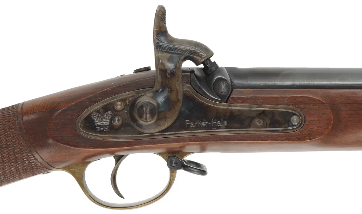 Enfield Volunteer Rifle,
.451 caliber Alexander Henry Rifling for bullet, 33" barrel,
percussion, checkered walnut, two band,
used, made in England by Parker Hale Enfield Volunteer Rifle,
.451 caliber Alexander Henry Rifling for bullet, 33" barrel,
percussion, checkered walnut, two band,
used, made in England by Parker Hale