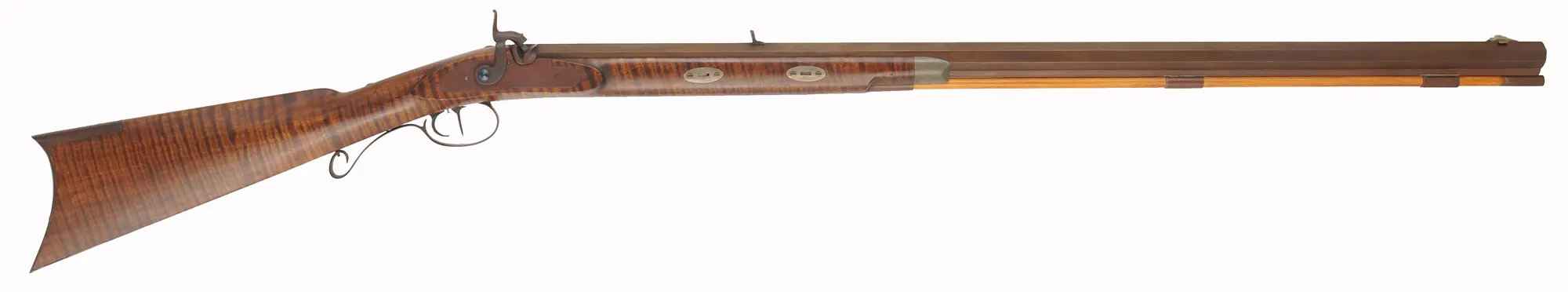 Hawken Rifle,
.54 caliber 36" Green Mountain barrel,
L&R percussion lock, iron, curly maple,
used, signed by George Nelson