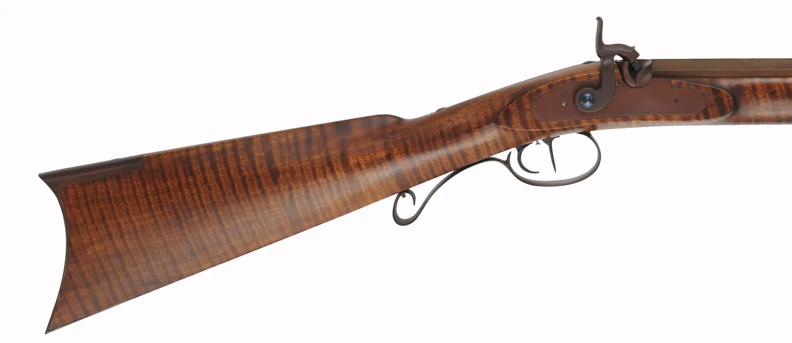 Hawken Rifle,
.54 caliber 36" Green Mountain barrel,
L&R percussion lock, iron, curly maple,
used, signed by George Nelson