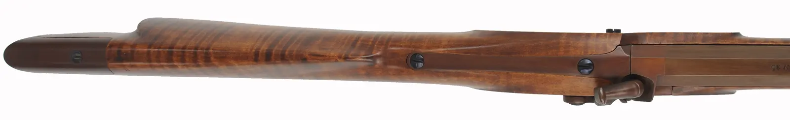 Hawken Rifle,
.54 caliber 36" Green Mountain barrel,
L&R percussion lock, iron, curly maple,
used, signed by George Nelson