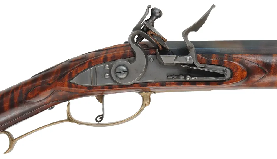 York County, Pennsylvania Longrifle,
.50 caliber, 42" swamped Rice barrel,
Chambers flintlock, maple, brass, unfired
 York County, Pennsylvania Longrifle,
.50 caliber, 42" swamped Rice barrel,
Chambers flintlock, maple, brass, unfired