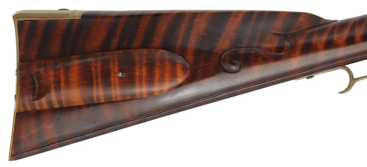 York County, Pennsylvania Longrifle,
.50 caliber, 42" swamped Rice barrel,
Chambers flintlock, maple, brass, unfired
 York County, Pennsylvania Longrifle,
.50 caliber, 42" swamped Rice barrel,
Chambers flintlock, maple, brass, unfired