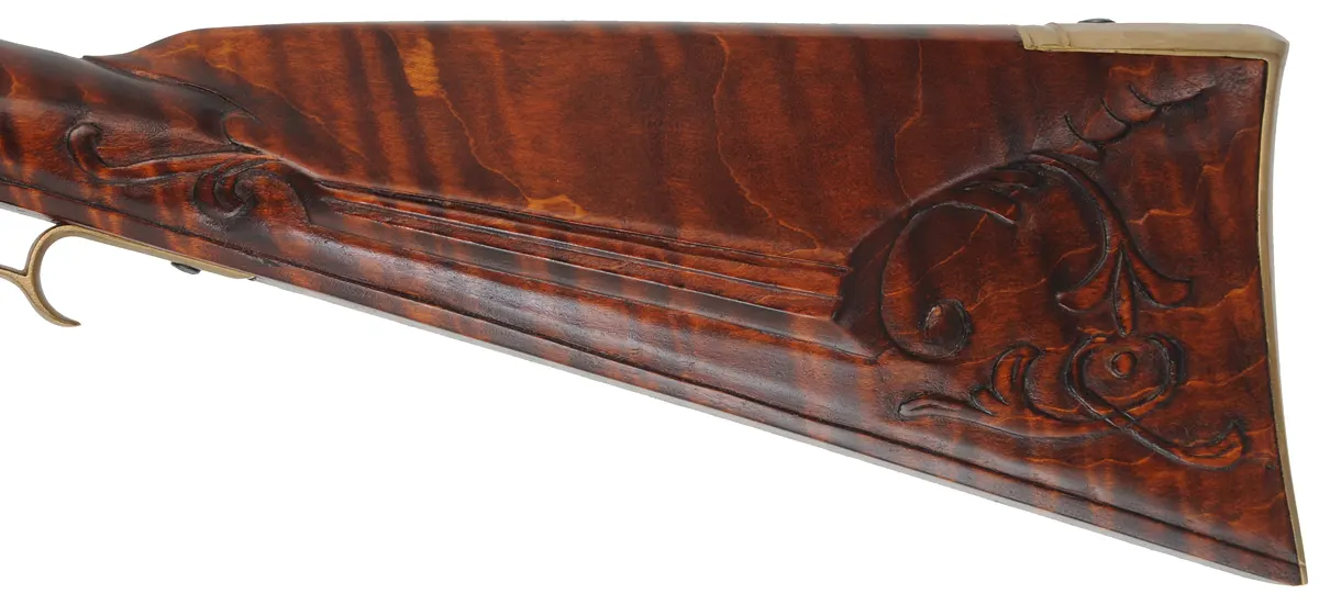 York County, Pennsylvania Longrifle,
.50 caliber, 42" swamped Rice barrel,
Chambers flintlock, maple, brass, unfired
 York County, Pennsylvania Longrifle,
.50 caliber, 42" swamped Rice barrel,
Chambers flintlock, maple, brass, unfired