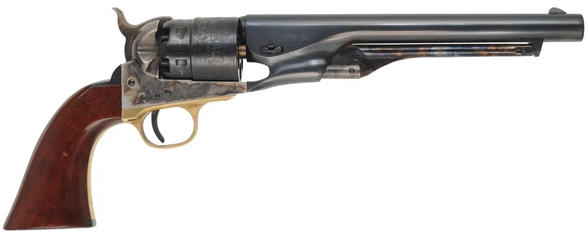 1860 Colt Army Revolver,
.44 caliber, 8" barrel,
percussion, steel frame, walnut,
used, by A. Uberti & Co. 1860 Colt Army Revolver,
.44 caliber, 8" barrel,
percussion, steel frame, walnut,
used, by A. Uberti & Co.