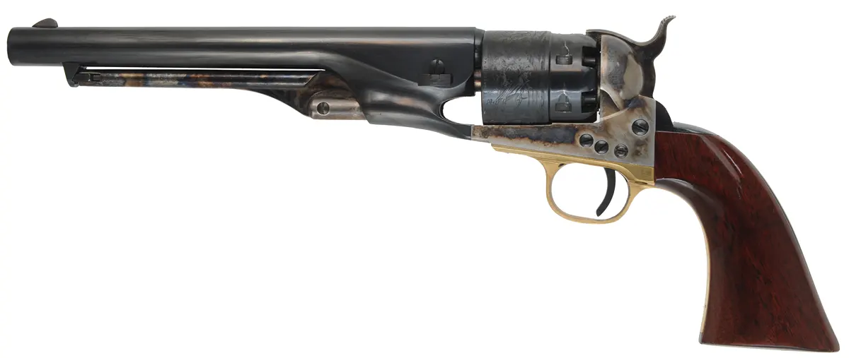 1860 Colt Army Revolver,
.44 caliber, 8" barrel,
percussion, steel frame, walnut,
used, by A. Uberti & Co. 1860 Colt Army Revolver,
.44 caliber, 8" barrel,
percussion, steel frame, walnut,
used, by A. Uberti & Co.