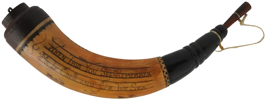 Powder Horn,
12-1/4", scrimshaw verse,
doe & fawn, iron staple