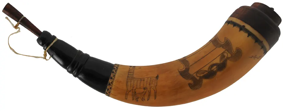 Powder Horn,
12-1/4", scrimshaw verse,
doe & fawn, iron staple