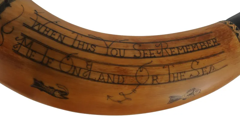 Powder Horn,
12-1/4", scrimshaw verse,
doe & fawn, iron staple