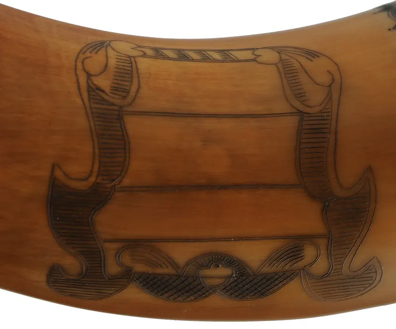 Powder Horn,
12-1/4", scrimshaw verse,
doe & fawn, iron staple