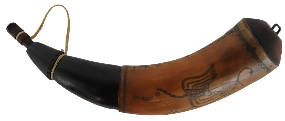Powder Horn,
11-1/2", scrimshaw verse,
hell horse, iron staple