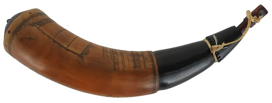 Powder Horn,
11-1/2", scrimshaw verse,
hell horse, iron staple