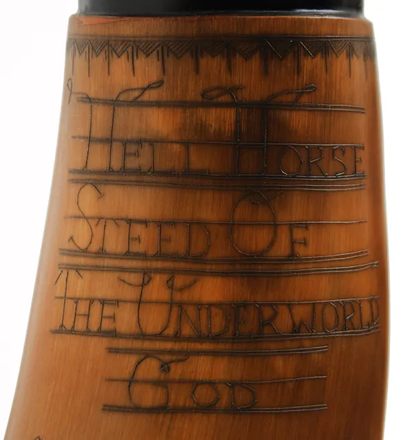 Powder Horn,
11-1/2", scrimshaw verse,
hell horse, iron staple
