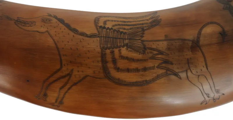 Powder Horn,
11-1/2", scrimshaw verse,
hell horse, iron staple