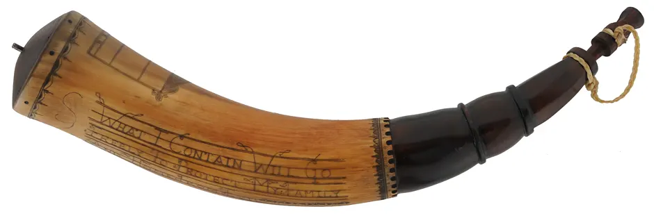 Powder Horn,
13", scrimshaw verse,
hunting scene, iron staple
