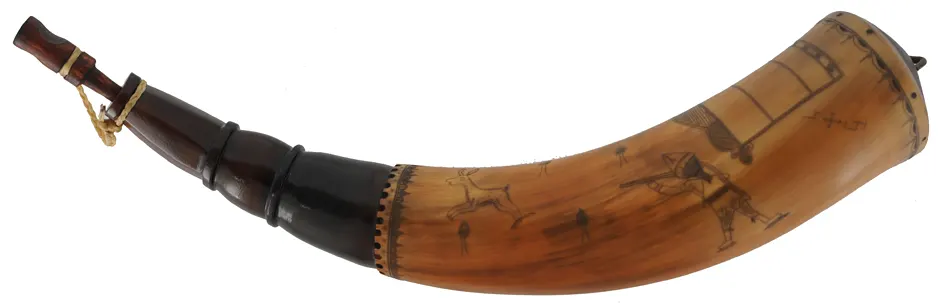 Powder Horn,
13", scrimshaw verse,
hunting scene, iron staple